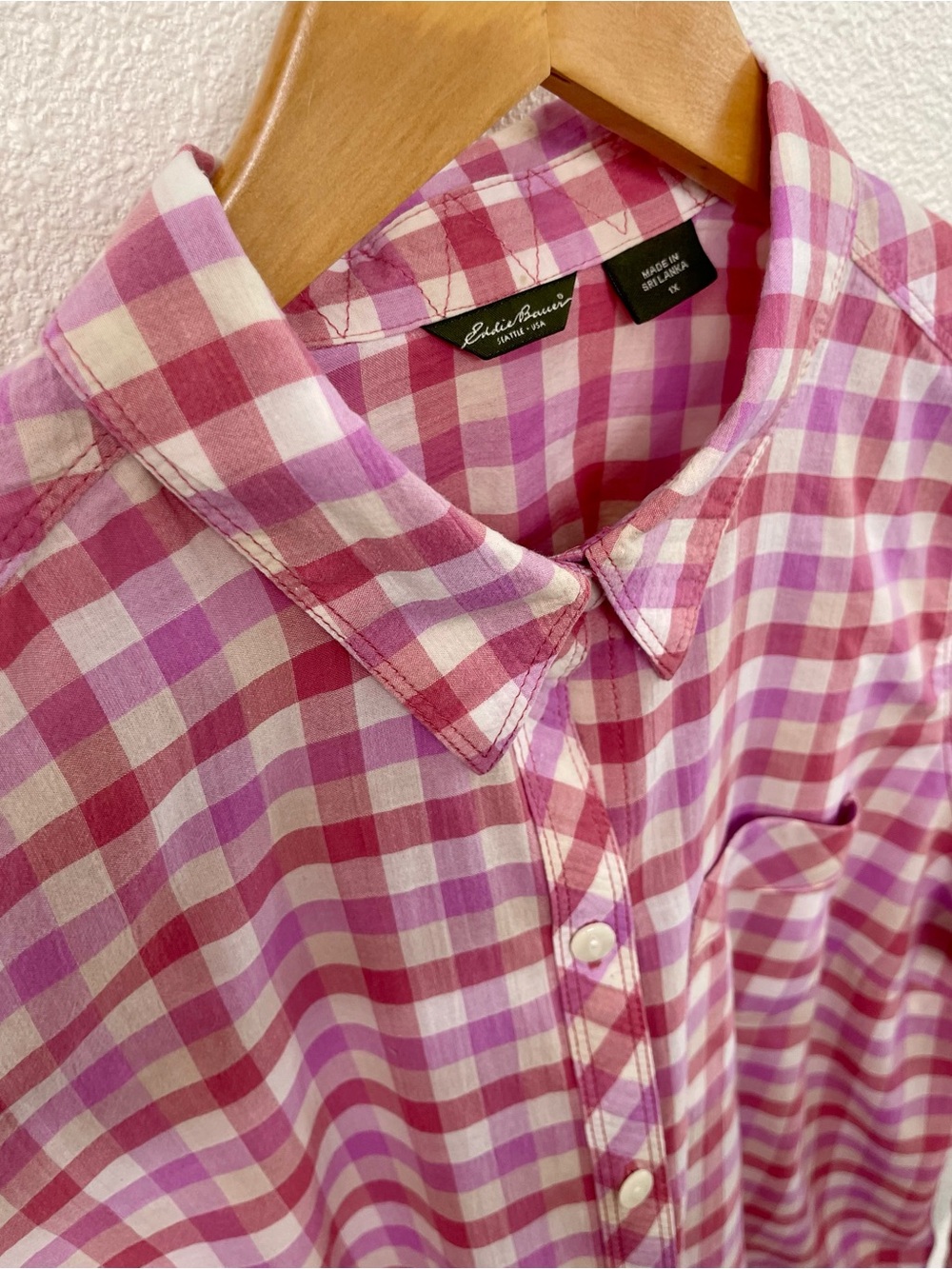 Eddie Bauer Rose Pink Lavender, and White Gingham Button-Down Shirt with Pocket